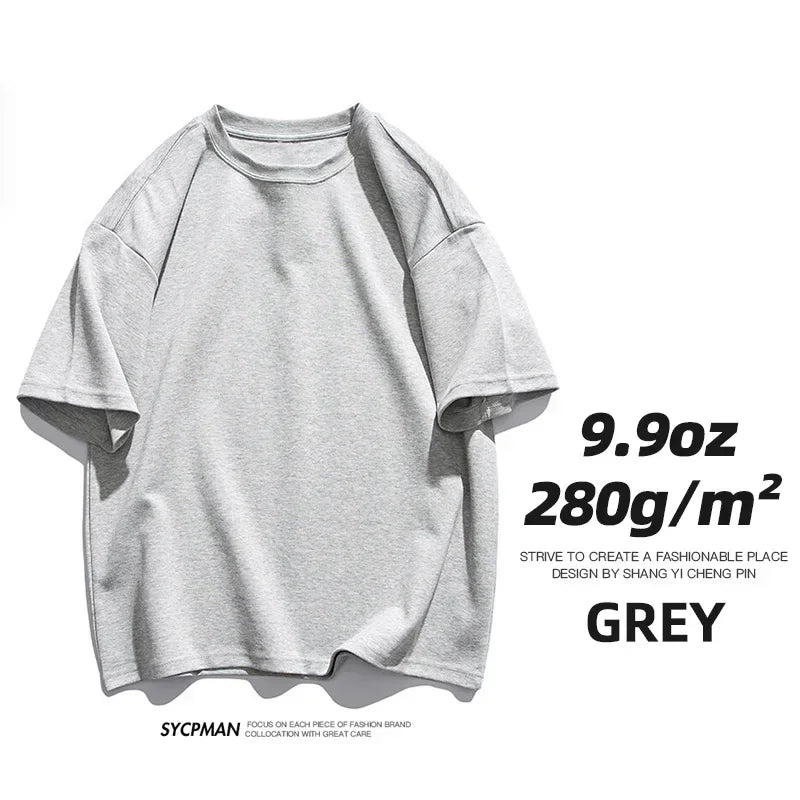 9.9oz 280gsm High Qualtity Oversized Heavy T-shirt for Men Short Sleeve Tee Cotton Solid Color Trend Leisure Green White Black