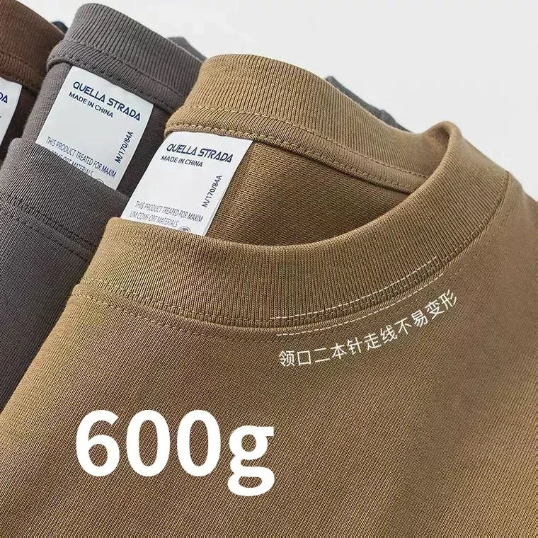 Men's and Women's 600g Heavy Cotton T-shirts Long-staple Pure Cotton Thickened Long-sleeved Three-pin High-gram Weight High-end
