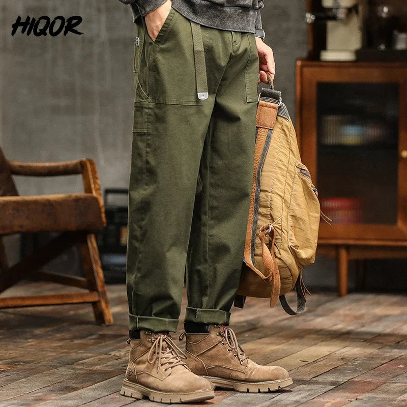 HIQOR Men's Loose Profile Pants American Vintage Trousers For Men High Waist Army Green Men's Casual Pants Cargo Trousers Male
