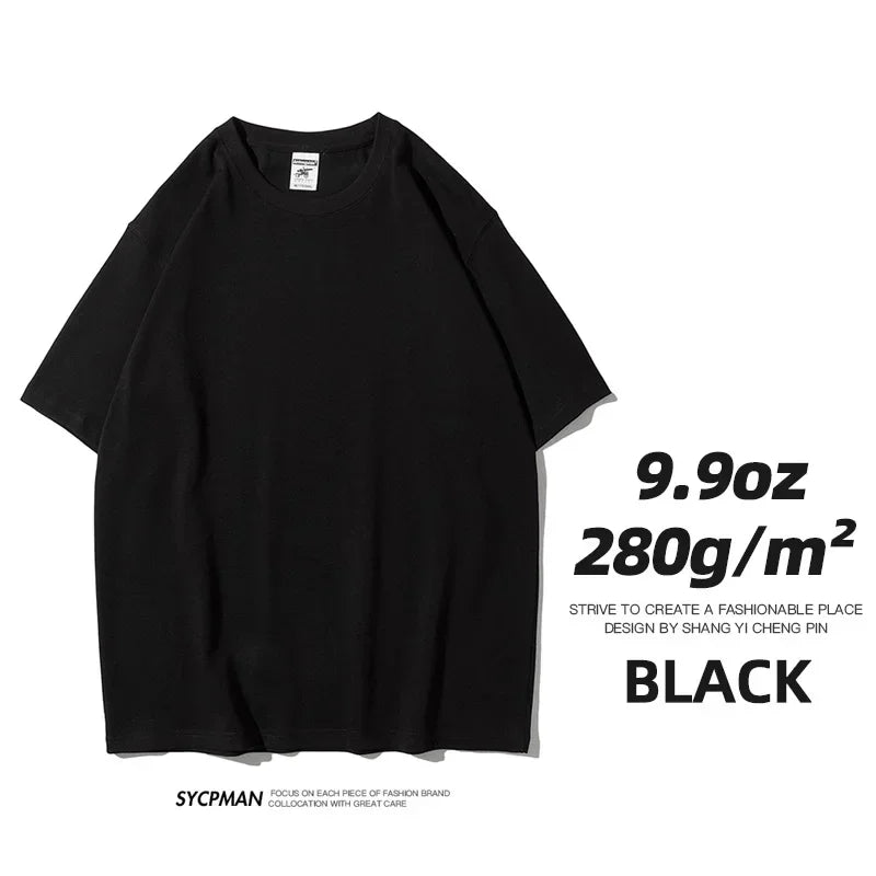 9.9oz 280gsm High Qualtity Oversized Heavy T-shirt for Men Short Sleeve Tee Cotton Solid Color Trend Leisure Green White Black
