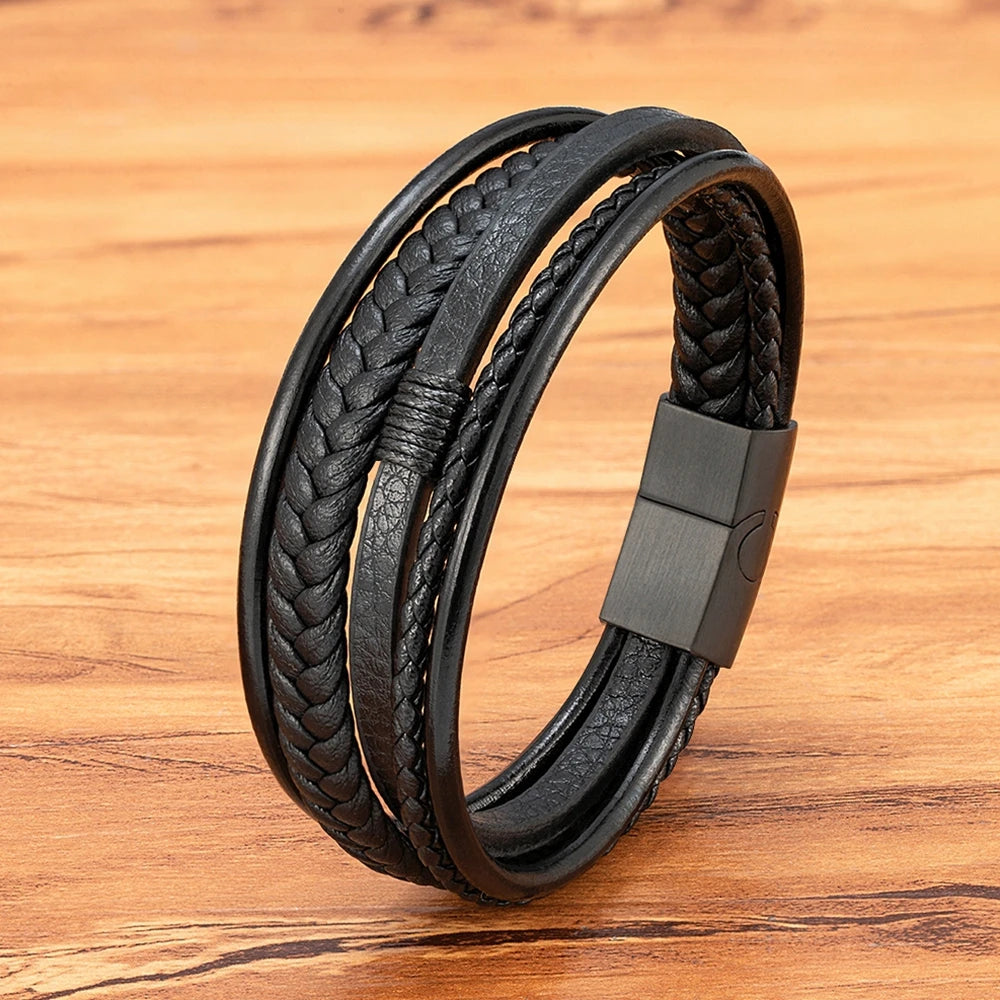 XQNI Luxury Fashion Hand-Woven Leather Bracelet Multilayer Men's Bangles Stainless Steel Magnetic Buckle Party Jewelry Gift