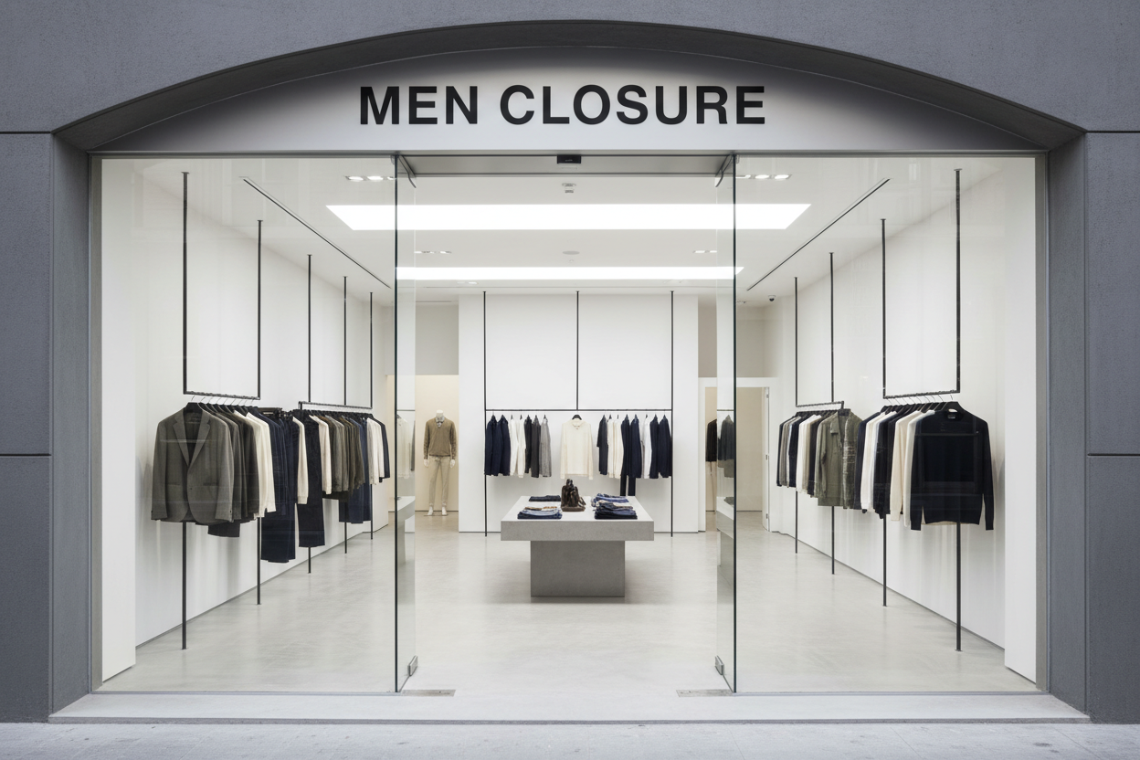 phisical store men clothes minimalista with logo MEN CLOSURE